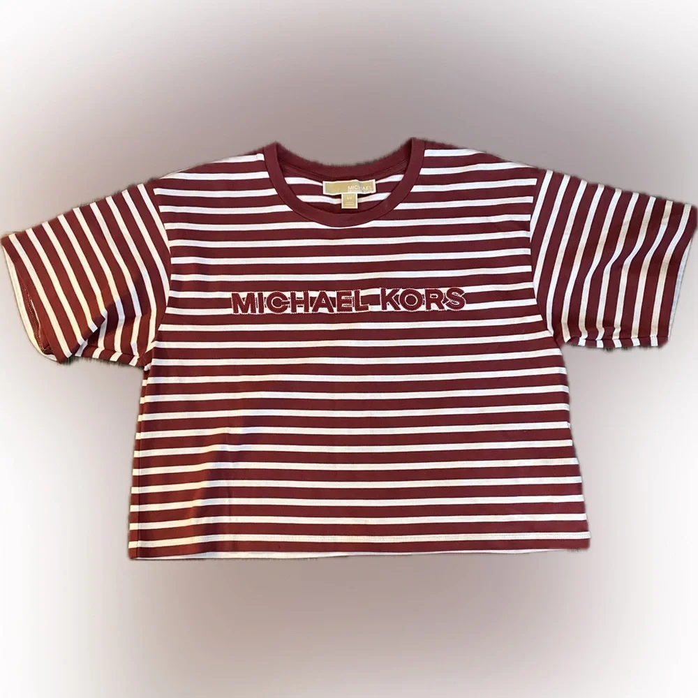 Michael Kors Red and White Striped Crop Top